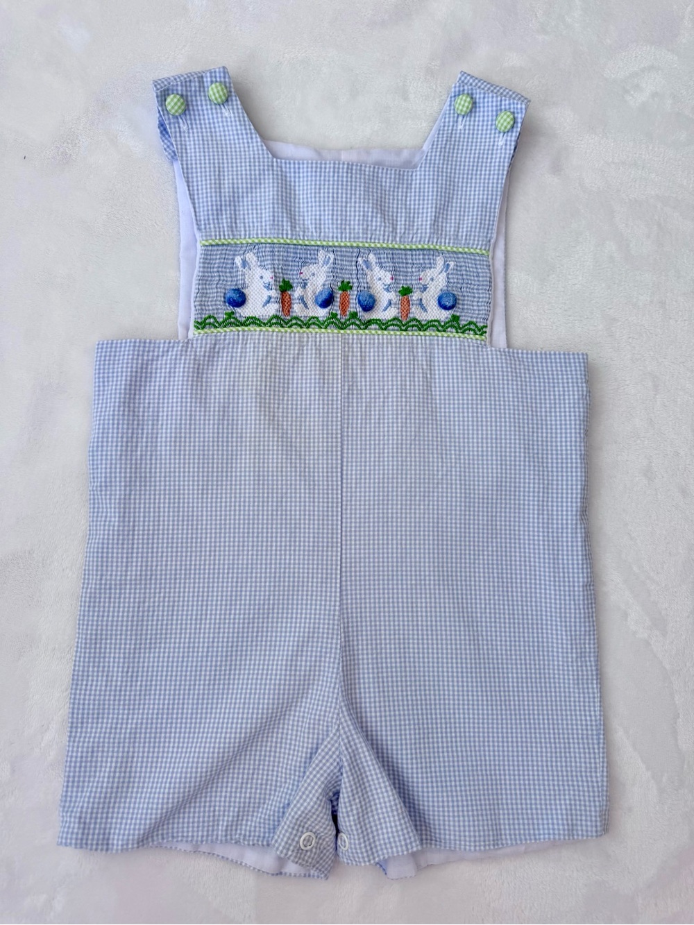Shrimp & Grits Smocked Bunny Shortall (size 18M)
